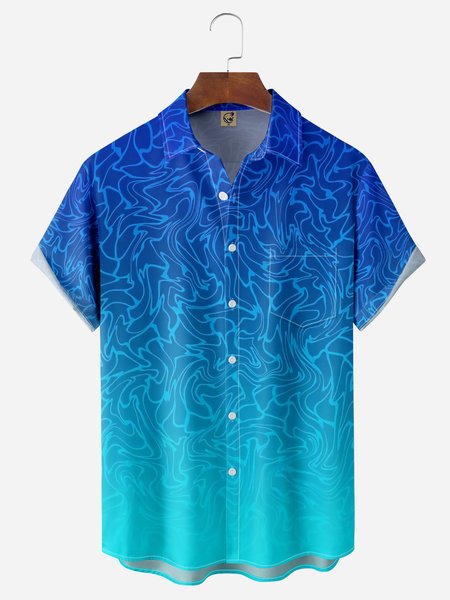 

Geometric Ripple Chest Pocket Short Sleeves Casual Shirt, Blue, Men Shirts