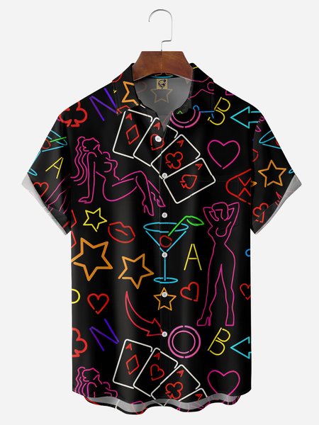 

Poker Symbols Chest Pocket Short Sleeve Hawaiian Shirts, Black, Men Shirts