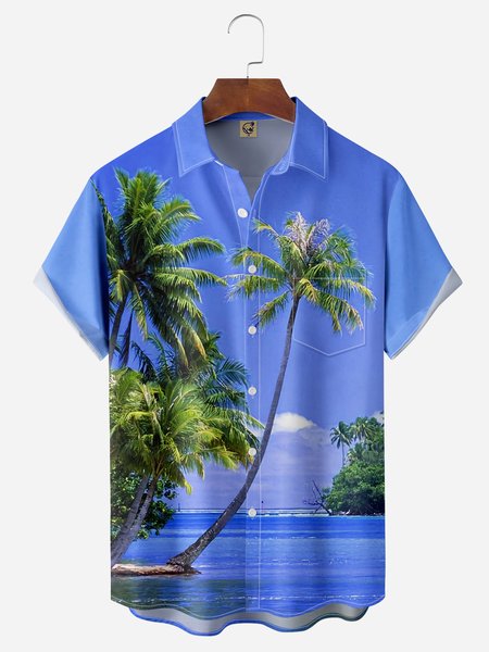 

Coconut Tree Chest Pocket Short Sleeve Hawaiian Shirt, Blue, Men Shirts