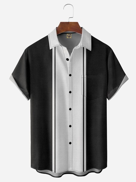

Striped Chest Pocket Short Sleeve Bowling Shirt, Black, Men Shirts