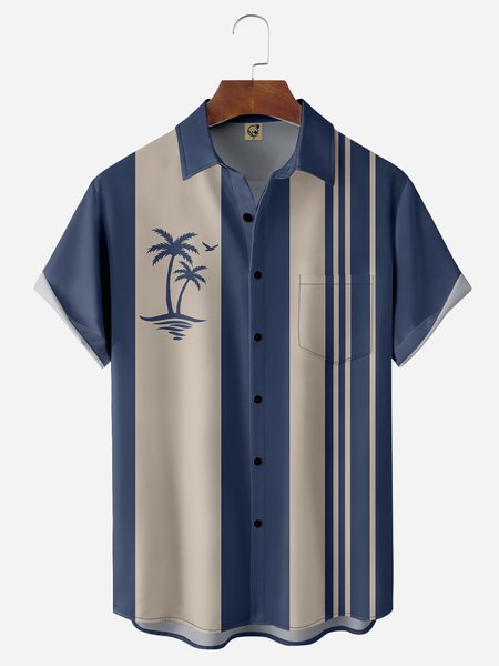 

Coconut Tree Chest Pocket Short Sleeve Bowling Shirt, Blue, Men Shirts