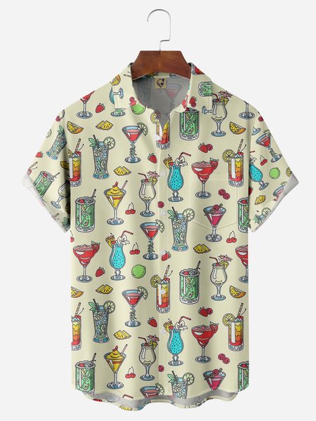 

Cocktail Fruits Chest Pocket Short Sleeve Hawaiian Shirt, Yellow, Men Shirts