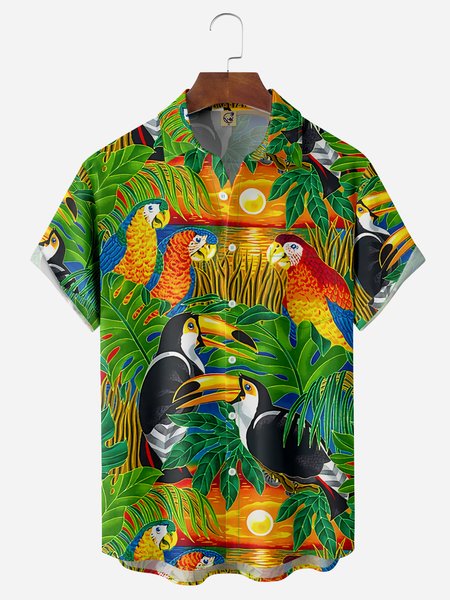 

Parrots Chest Pocket Short Sleeve Hawaiian Shirt, Green, Men Shirts