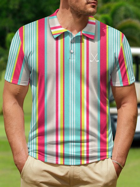 

Geometric Stripe Button Short Sleeve Golf Polo Shirt, Rose red, Polo Shirts
