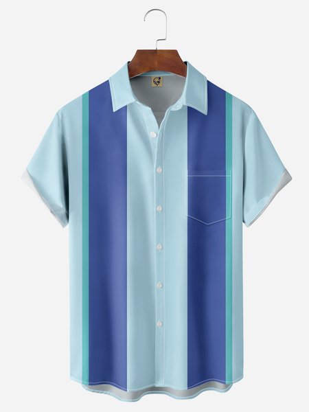 

Geometric Colorblock Chest Pocket Short Sleeve Bowling Shirt, Blue, Men Shirts