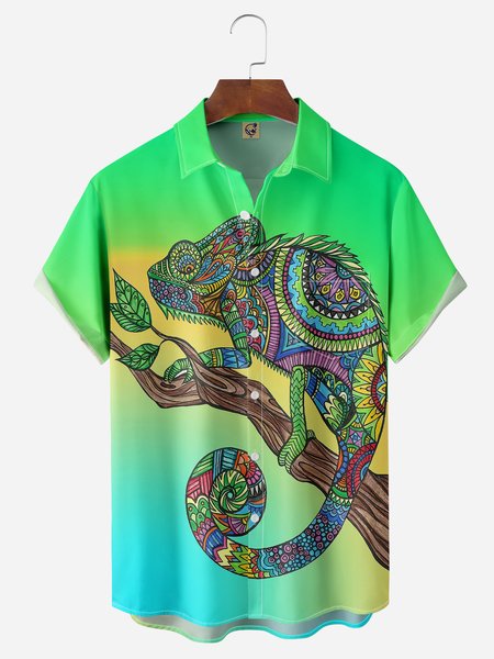 

Animal Chest Pocket Short Sleeve Casual Shirt, Green, Men Shirts