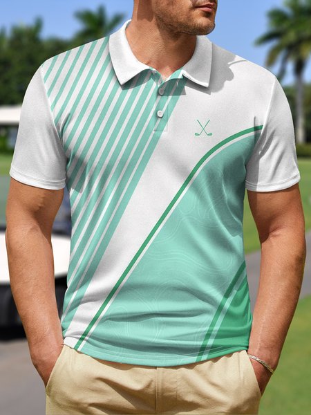

Geometric Stripe Button Short Sleeve Golf Polo Shirt, Lightgreen, Polo Shirts