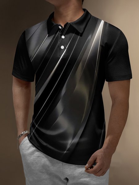 

3D Gradient Abstract Geometric Button Short Sleeve Polo Shirt, Black, Polo Shirts