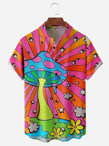 

Hippie Mushroom Chest Pocket Short Sleeve Casual Shirt, Pink, Men Shirts
