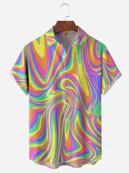 

Geometric Ripple Chest Pocket Short Sleeve Casual Shirt, Yellow, Men Shirts