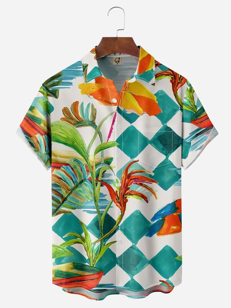 

Plant Chest Pocket Short Sleeve Casual Shirt, Green, Men Shirts