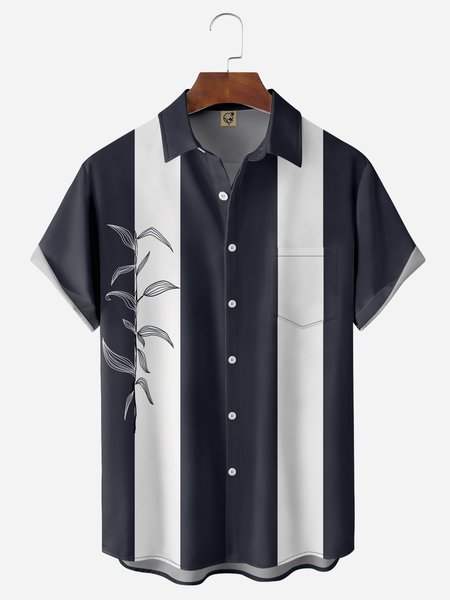 

Floral Chest Pocket Short Sleeve Bowling Shirt, Blue, Men Shirts