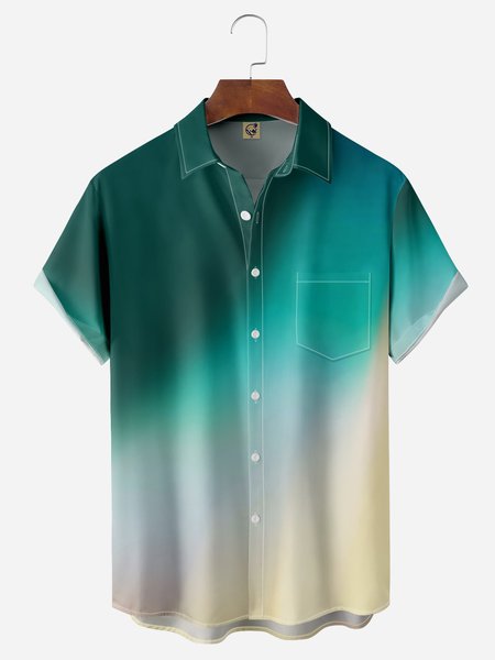 

Gradient Color Chest Pocket Short Sleeve Casual Shirt, Green, Men Shirts