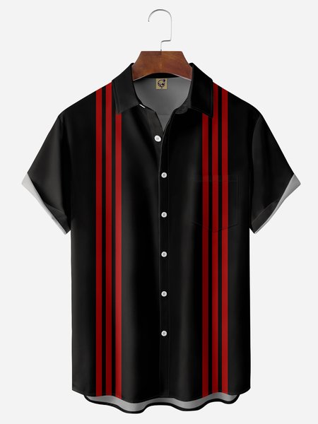 

Striped Chest Pocket Short Sleeve Bowling Shirt, Black, Men Shirts