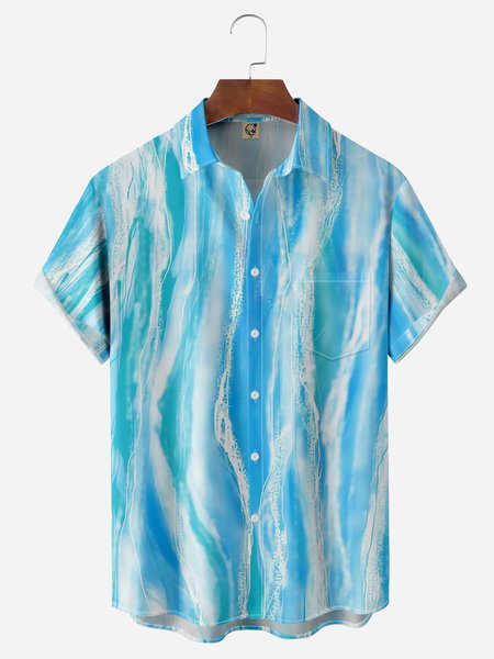 

Geometric Ripple Chest Pocket Short Sleeve Casual Shirt, Blue, Men Shirts