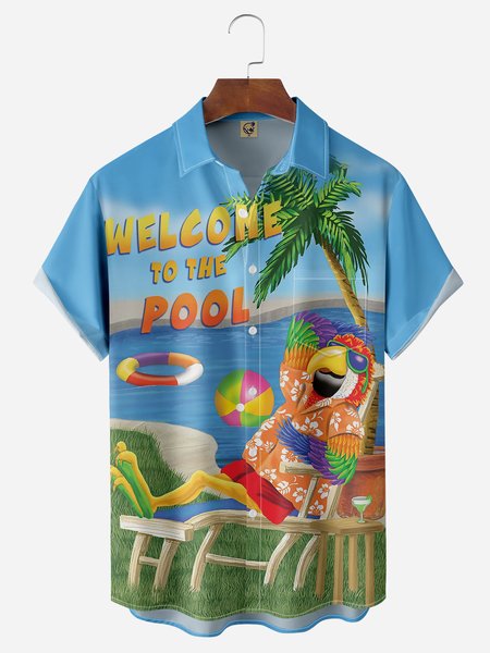 

Cocktail Parrot Chest Pocket Short Sleeve Hawaiian Shirt, Blue, Men Shirts