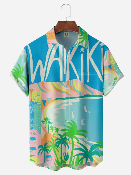 Coconut Tree Chest Pocket Short Sleeve Hawaiian Shirt, Blue, Men Shirts