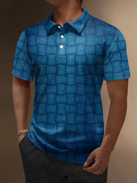 

3D Gradient Abstract Geometric Button Short Sleeve Polo Shirt, Blue, Polo Shirts