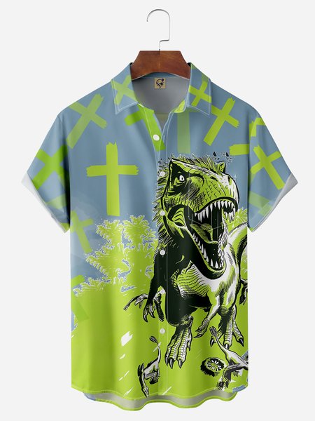 

Dinosaur Chest Pocket Short Sleeve Casual Shirt, Green, Men Shirts