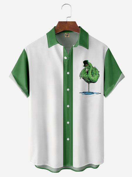 

Flamingo Chest Pocket Short Sleeve Bowling Shirt, Green, Men Shirts