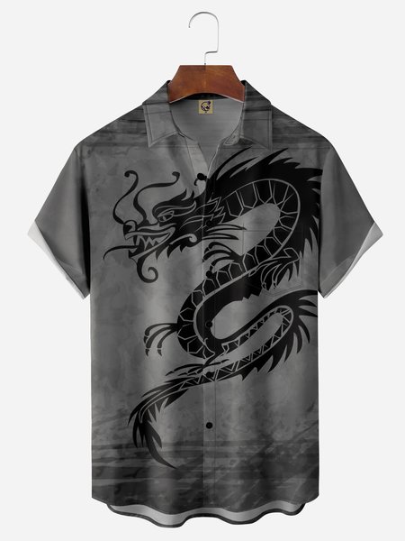 

Dragon Chest Pocket Short Sleeve Casual Shirt, Gray, Men Shirts