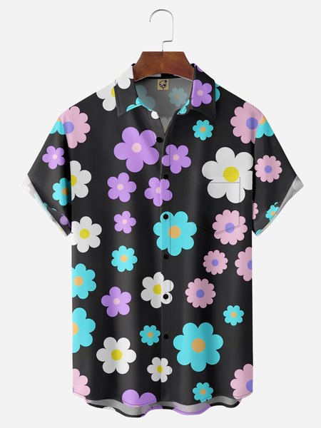 

Floral Chest Pocket Short Sleeve Hawaiian Shirt, Black, Men Shirts