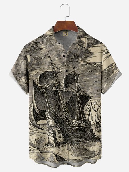 

Sailboat Chest Pocket Short Sleeve Hawaiian Shirt, Black, Men Shirts