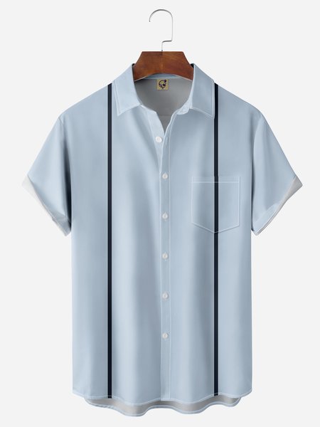 

Striped Chest Pocket Short Sleeve Bowling Shirt, Blue, Men Shirts