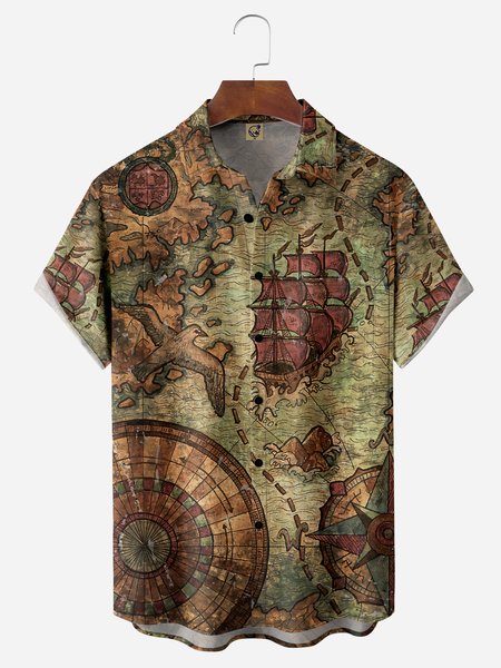 

Map Sailboat Chest Pocket Short Sleeve Hawaiian Shirt, Brown, Men Shirts