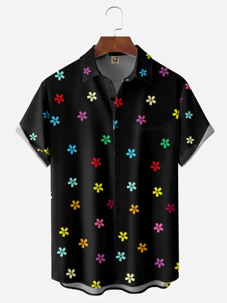 

Flowers Chest Pocket Short Sleeve Casual Shirt, Black, Men Shirts