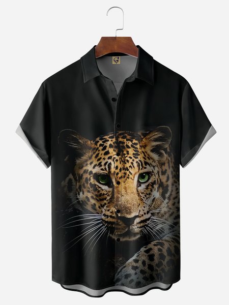 

Leopard Chest Pocket Short Sleeve Hawaiian Shirt, Black, Men Shirts