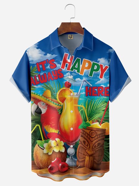 

Cocktail Parrot Chest Pocket Short Sleeve Hawaiian Shirt, Blue, Men Shirts