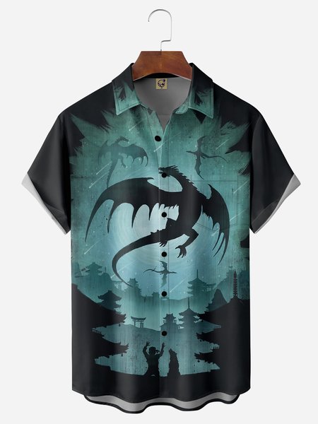 

Dragon Chest Pocket Short Sleeve Casual Shirt, Black, Men Shirts