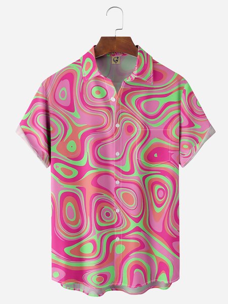 

Geometric Ripple Chest Pocket Short Sleeve Casual Shirt, Pink, Men Shirts