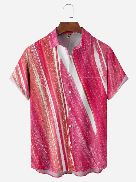 Gradient Color Chest Pocket Short Sleeve Casual Shirt, Red, Men Shirts