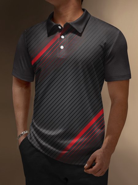 

3D Gradient Abstract Geometric Button Short Sleeve Polo Shirt, Dark gray, Polo Shirts