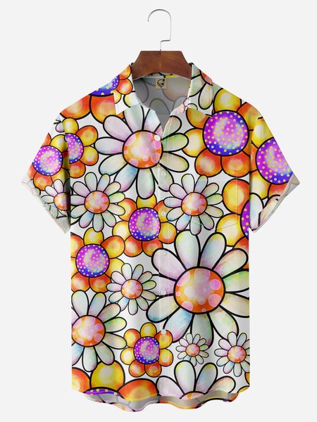 

Floral Painting Chest Pocket Short Sleeve Hawaiian Shirt, Yellow, Men Shirts