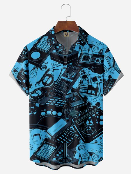 

Gamepad Chest Pocket Short Sleeve Casual Shirt, Blue, Men Shirts