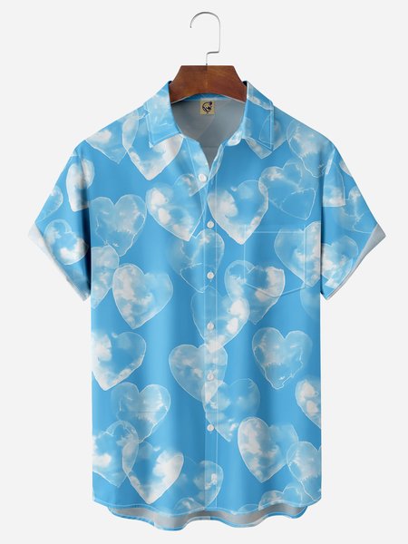 

Heart Chest Pocket Short Sleeve Casual Shirt, Blue, Men Shirts