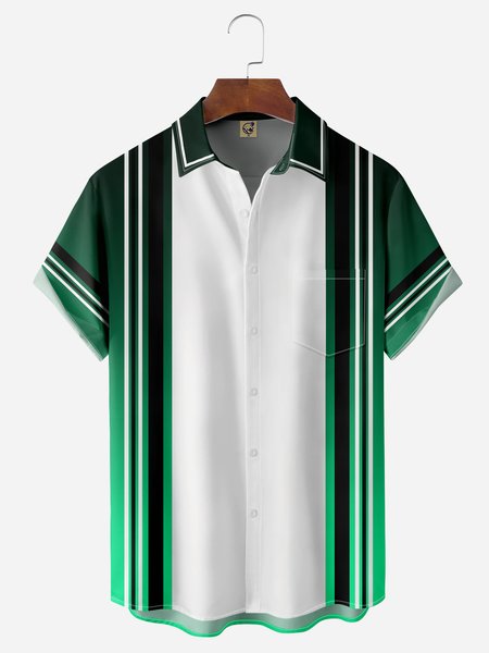 

Gradient Color Block Chest Pocket Short Sleeve Bowling Shirt, Green, Men Shirts