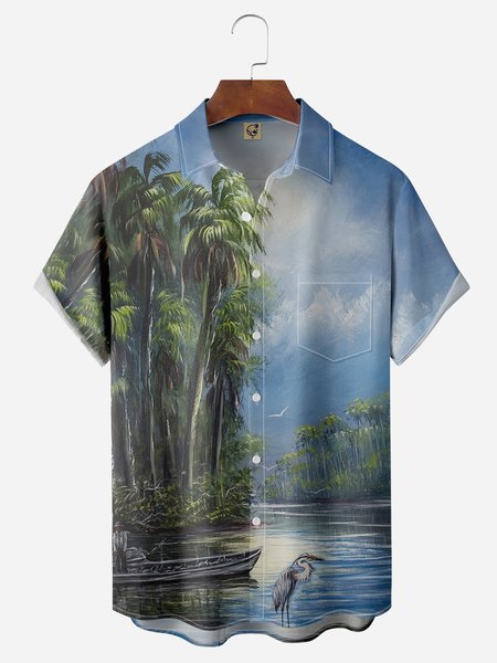 

Palm Tree Chest Pocket Short Sleeve Hawaiian Shirt, Blue, Men Shirts