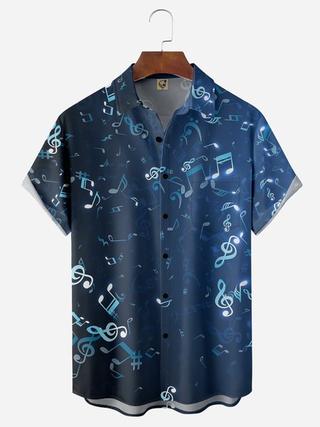 

Music Notes Chest Pocket Short Sleeve Casual Shirt, Blue, Men Shirts