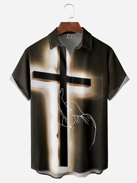 

Easter Crucifix Chest Pocket Short Sleeve Casual Shirt, Brown, Men Shirts