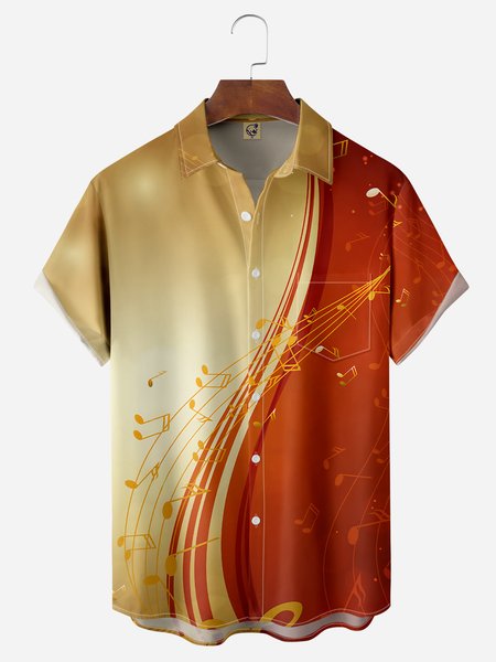 

Music Notes Chest Pocket Short Sleeve Casual Shirt, Yellow, Men Shirts