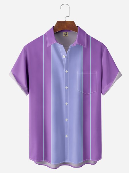 

Color Contrast Chest Pocket Short Sleeve Bowling Shirt, Purple, Men Shirts