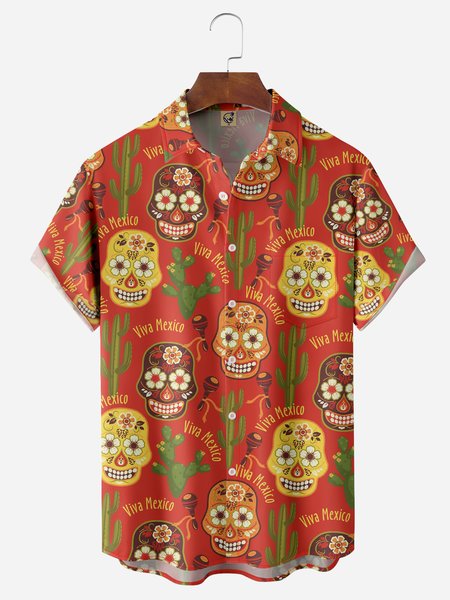 

Cinco de Mayo Skulls Chest Pocket Short Sleeve Casual Shirt, Red, Men Shirts