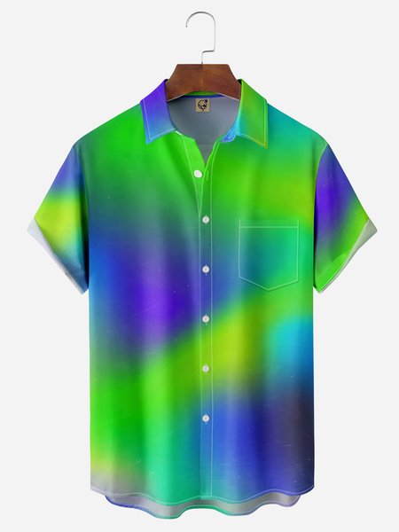 

Gradient Color Chest Pocket Short Sleeve Casual Shirt, Blue, Men Shirts