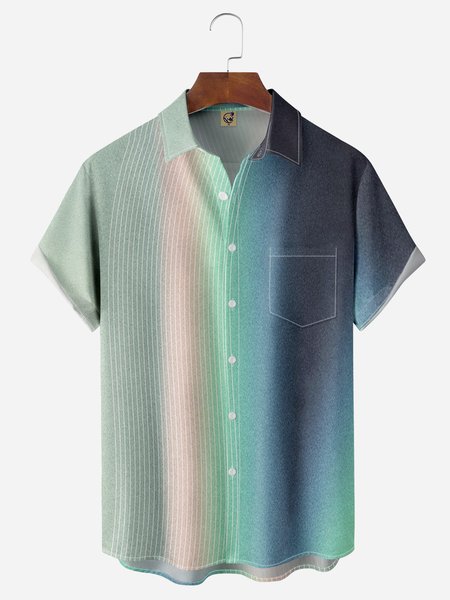 

Gradient Striped Chest Pocket Short Sleeve Casual Shirt, Blue, Men Shirts