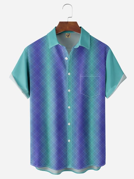 

Gradient Plaid Chest Pocket Short Sleeve Casual Shirt, Blue, Men Shirts