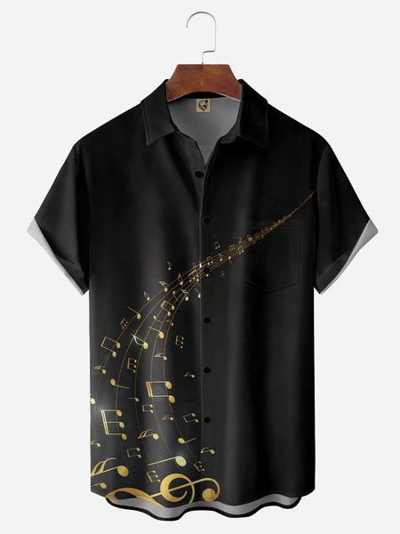

Music Notes Chest Pocket Short Sleeve Casual Shirt, Black, Men Shirts